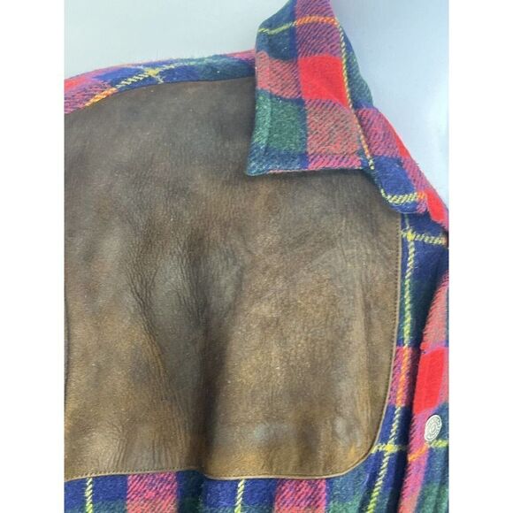 Vintage Chaps Ralph Lauren Mens Large Plaid Wool Shirt Elbow Patches Leather - Picture 5 of 15